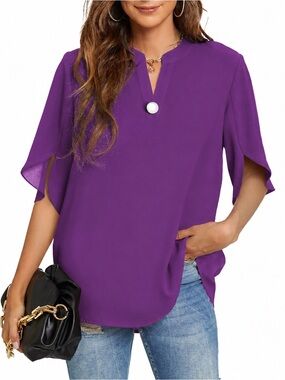 Funlingo purple blouse v-neck single button split flutter sleeves size 2XL